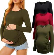 3 Pack Crew Neck Long Sleeve Maternity Tops, Stretchy Side Ruched Pregnancy Casual Tee Shirts, Soft Breathable Basic Mama Daily Loungewear For All Trimesters & Postpartum - Black/Burgundy/Army Green - View 8