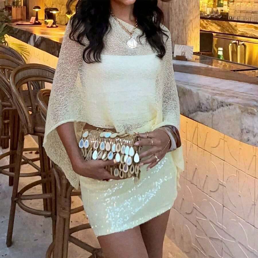 Summer Irregular Knitted Cover-Ups Crop Tops Mesh Poncho Womens Sheer Poncho Shrug Bolero Lightweight Summer Shrug Pullover Sweater Y2k Aesthetic Vintage Boho Beach Vacation Going Out Clothes - Màu vàng - Xem 1