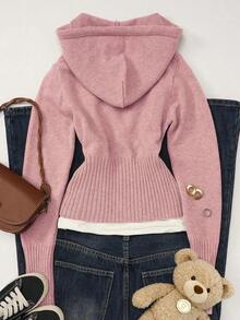 Women's Casual Cute Short Zip-Up Hooded Fitted Knit Cardigan, Long Sleeve Daily Commute Versatile Knit Jacket, Autumn/Winter Street Style Y2K - 粉色 - 查看 6