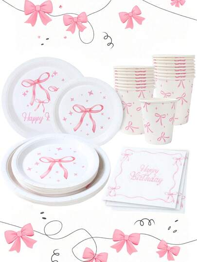 Bộ 40 món đồ dùng ăn uống nơ hồng, đồ trang trí sinh nhật dùng một lần, khay đựng thức ăn, khay bánh, đĩa dùng một lần, cốc tiệc, cốc nước, khăn ăn, khăn giấy, hộp đựng thức ăn dùng một lần cho tiệc, sinh nhật bé gái, quà sinh nhật, quà tặng tiệc, trang trí tiệc mừng em bé, tiệc tiết lộ giới tính, đồ trang trí sinh nhật tại nhà, đồ dùng nhà bếp, đồ trang trí tiệc chủ đề nơ.