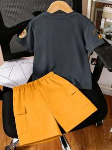 青少年男孩时尚印花圆领短袖T恤+卡其裤夏季新款套装 - 彩色 - 查看 2