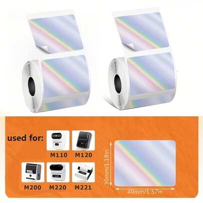 Giấy nhãn nhiệt hologram, phù hợp với máy in nhãn Phomemo M110/M220/M120/M221 và SUPVAN T50m PR0. Nhãn dán nhiệt có chức năng in tên/logo/mã vạch, cuộn vuông 40*30mm màu bạc, thích hợp cho quản lý kho hàng.