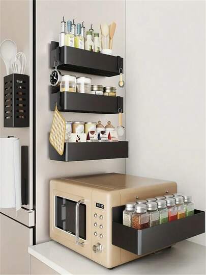 2pcs Metal Magnetic Storage Rack, Stick-On Fridge Door Organizer Rack, Suitable For Spice Rack, Washing Machine Storage Rack, No Drilling Or Glue Needed, Adhesive Storage Rack For Kitchen, Bathroom Accessories And Storage Items