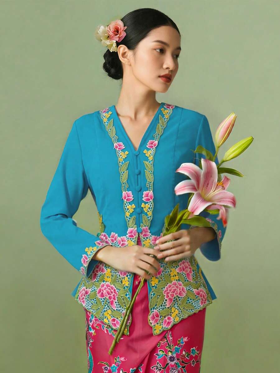 Nyonya 女款傳統優雅時尚刺繡長袖襯衫,藍色 - 藍色 - 查看 1