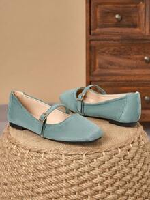 WHDXY Retro Light Green Mary Jane Flat Shoes, Square Toe Soft Bottom Loafers, Versatile Elegant Casual Shoes For Spring & Autumn - Pastel Green - View 4