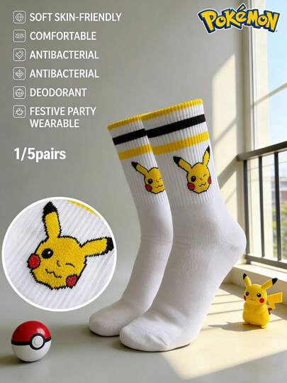  Vớ Pokemon 1/5 đôi in hình hoạt hình dễ thương, thoáng khí, mềm mại, dài đến giữa bắp chân, gót và mũi vớ được gia cố để tăng độ bền, unisex, phù hợp cho mọi mùa.