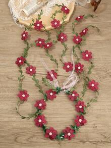 1 pieza Diadema con corona de flores y borlas largas, hojas verdes y flores pequeñas, estilo bohemio para boda, viaje, sesión de fotos, actuación en el escenario - Multicolor - Ver 4