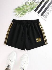 Women's Casual Sports Shorts, Black & Gold Striped Drawstring Waist Shorts With "06" Print, Breathable & Comfortable Sports Shorts Summer - Black - View 2