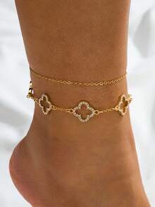 1 Set Minimalist Gold Chain Anklet & Hollow Clover Charm Luxurious Shiny Gold Anklet For Women - Yellow Gold - View 1