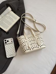 Niche Design Hollow Lace Mini Handbag, Solid Color PU Leather Gentle Style Spring/Summer Daily Shoulder Bag, Suitable For Beach, Picnic, Commute, Date - White - View 11