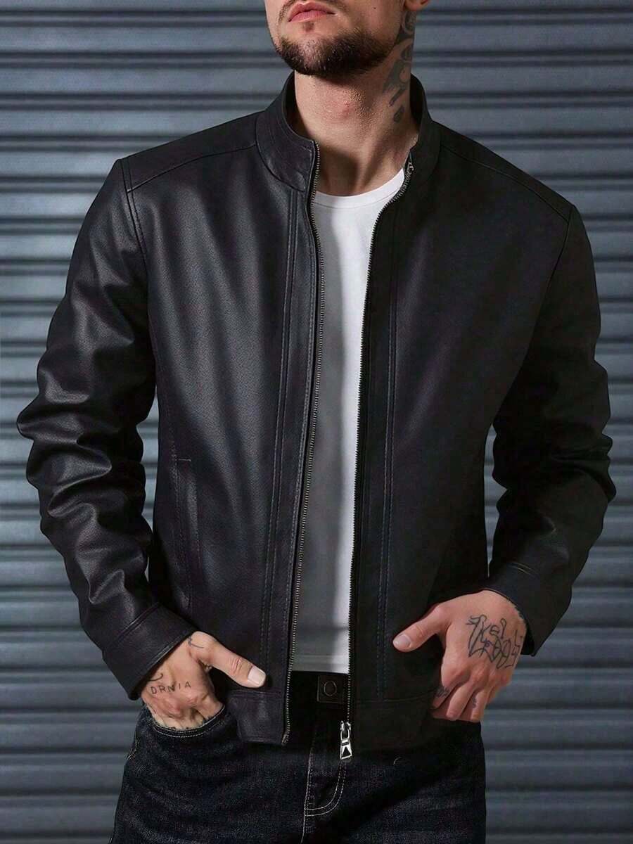 Men's Long Sleeve Windproof Casual Stand Collar PU Leather Jacket, Autumn/Winter, Grunge - màu đen - Xem 1