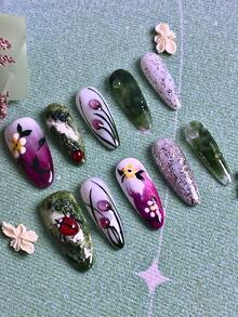10片装女士手工美甲贴片，夏季美甲饰品，亚克力材质，手绘3D立体花朵瓢虫渐变闪粉装饰，Y2K风格，可重复使用美甲套装，包含美甲胶水、凝胶指甲油、美甲贴纸等美甲用品及配件。这款亚克力美甲贴片套装适合女性和女孩，是夏季日常生活、派对、婚礼、约会、购物、旅行、节日庆典的理想之选。手工美甲贴片套装，搭配闪亮装饰，是特殊场合的完美之选。 - 綠色 - 查看 4