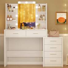 FIONESO Large Vanity Desk With Mirror & Lights, Makeup Vanity Table With 6 Drawers & 4 Open Storage Shelves, Vanity Desk Set For Women Girls - White - View 6
