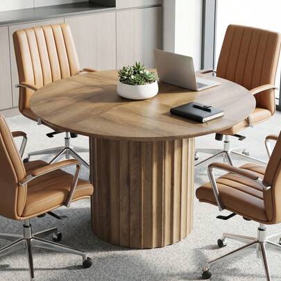 Tribesigns 47-Inch Round Conference Table For 4-6 People, Modern Rustic Round Office Table With Sturdy Base, Wood Meeting Room Use For Conference Room, Office, Brown