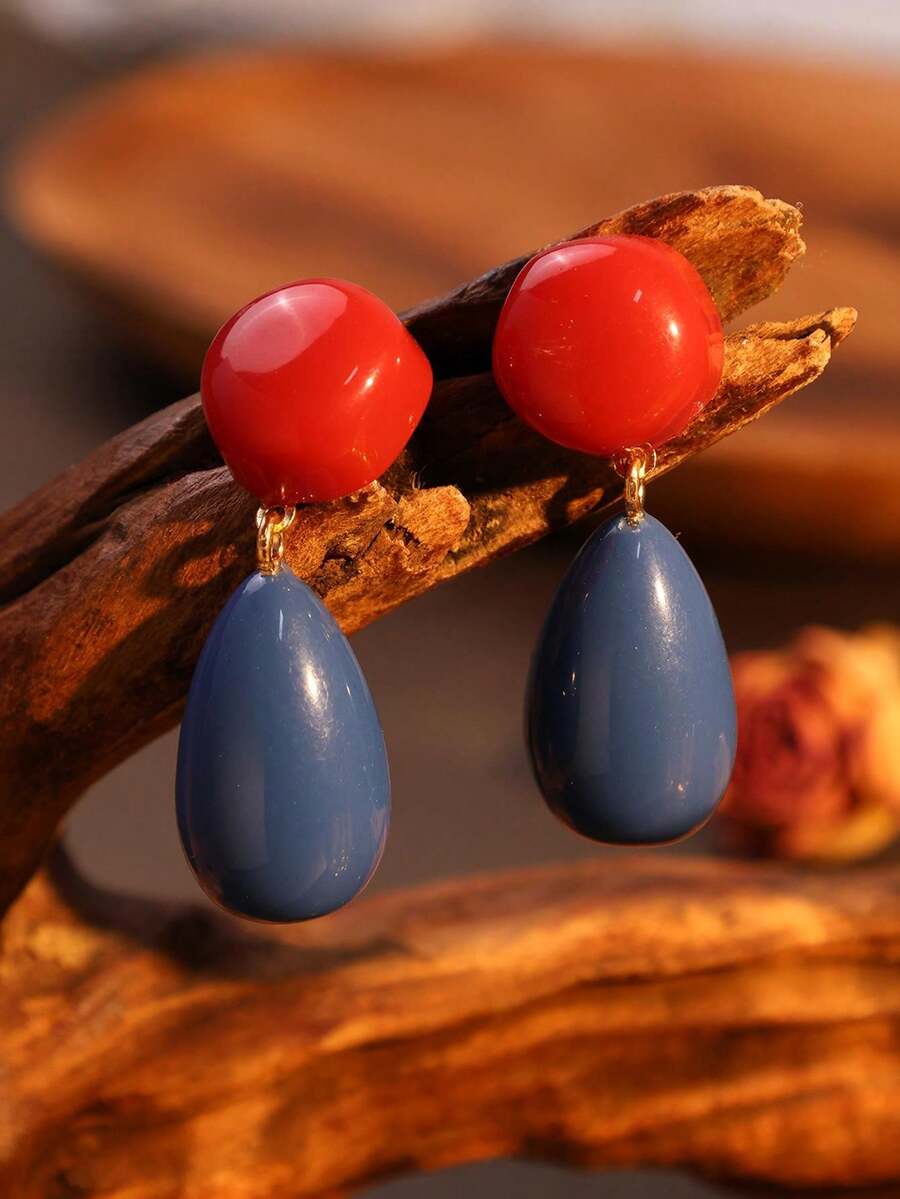 一对撞色复古港式耳环，夸张几何水滴耳环，独特时尚度假耳环 - 藍色 - 查看 1