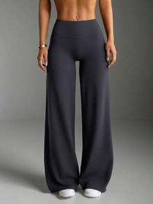 Pantalones acampanados ajustados de unicolor elegantes y modernos para el trabajo y el deporte para mujer, primavera - Gris Oscuro - Ver 3