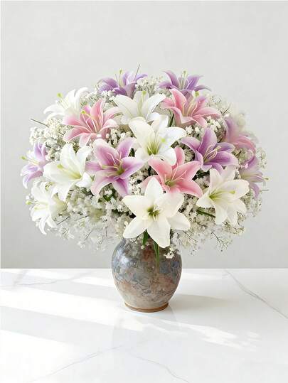 9pcs/Set Artificial Lily Flowers Real Touch Fake Lilies Bouquet, No Fade Faux Lily Stems For Home Room Office Decor, Wedding Party Centerpieces, Valentine's Day Anniversary Floral Decoration