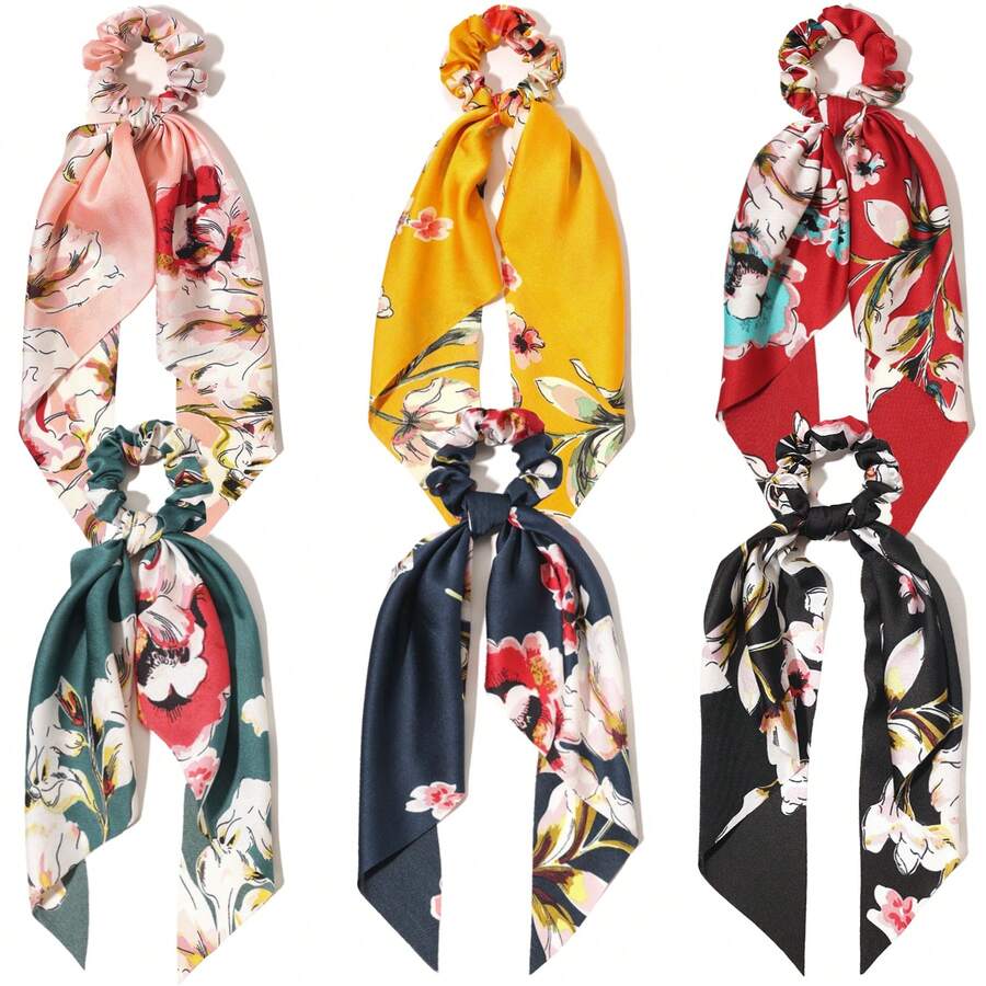 1pc Printed Large Floral Triangular Scarf With Satin Ribbon Headband, Casual Retro Palace Style Party Accessory, Cute & Elegant, Polyester Travel Accessories Ponytail Holders Hair Elastics Hair Rubber Bands Scrunchies Hair Rope,Festival,Birthday - Multicolor - View 1