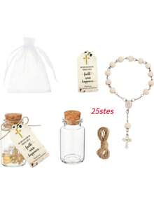 100pcs Mini Rose Rosary Beads Baptism Favors, Including 25 Sets Of Mini Rose Rosary Beads With Silk Pouches, Baptism Glass Bottles And Thank You Cards, Suitable For Baptism, Wedding And Other Occasions - Multicolor - View 10