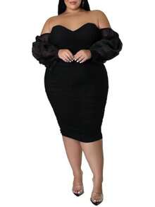 CALEBGAR Women's Plus Size Off The Shoulder Mesh Long Sleeve Bodycon Ruched Midi Party Cocktail Dress - Black - View 5