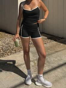 GAOVOT Women's Summer Two Pieces Color Contrast Sexy Halter V-Neck Top And High Waist Tight Hip Lift Shorts Suit For Yoga Running Pilates Gym Black - 黑色 - 查看 6