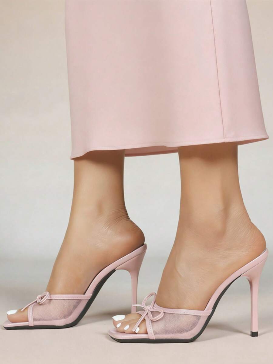 Women's Bowknot Mesh Square Toe High Heel Mules, Black Transparent Slip-On High Heel Sandals, Elegant Party Dress Shoes,Summer Shoes - Pink - View 1