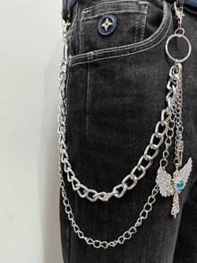 1条时尚嘻哈风粗金属链，镶嵌炫彩水钻翅膀十字架骷髅吊坠项链，男女通用饰品，男士珠宝，适合约会派对佩戴 - 彩色 - 查看 2