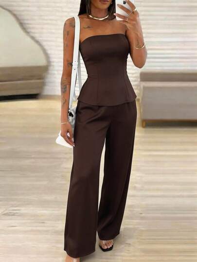 LilyHouse 女士优雅棕色抹胸上衣阔腿裤两件套，女士约会套装、女士夜间外出套装、女士夏季服装、女士早午餐服装、女士婚礼宾客服装、海岛度假服装、女士婚礼宾客服装、优雅派对套装、女士生日服装