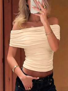 Women's Casual Elegant Apricot Off-Shoulder Sleeveless Ruched Stretch Slim Fit Minimalist Vacation Party Outing Pullover, Spring Summer Fall - Apricot - View 2