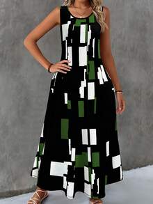Plus Size Pocket Full Print Summer Vacation Casual Daily Sleeveless Geometric Print Dress, Spring/Summer Elegant - Green - View 7