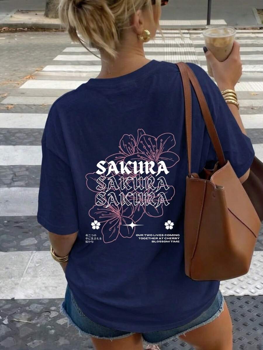 夏季新款简约浪漫樱花字母印花休闲圆领白色短袖T恤，时尚百搭，女士必备 - 藏蓝色 - 查看 1