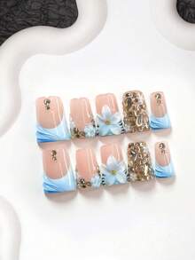 Bộ móng giả thủ công 10 món, bao gồm sơn gel móng tay, hình dán hoa 5 cánh, hoa xanh dương, đá pha lê hình giọt nước màu sâm panh, họa tiết gợn sóng vẽ tay, sơn móng tay màu xanh dương, kèm dụng cụ làm móng (1 miếng dán gel + 1 dũa móng). Có 3 kích cỡ: hình hạnh nhân, hình mỏ vịt, hình quan tài. Thích hợp cho các bữa tiệc, sử dụng hàng ngày, chụp ảnh, hẹn hò, đi làm vào mùa xuân và mùa hè. - Nhiều màu - Xem 11