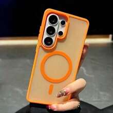 适用于三星 Galaxy A07 A17 S25 FE S24 S23 S22 S21 Ultra Plus A16 A56 A36 A55 A35 的磁吸式无线充电保护壳，磨砂防摔透明硬质后盖 - 橘色 - 查看 3