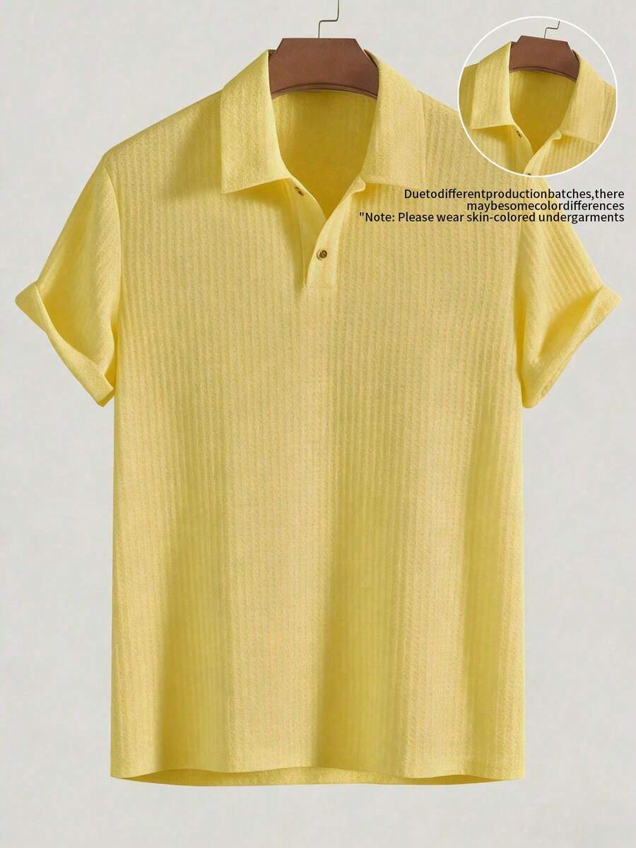 男士纯色半透明高尔夫球衫，华夫格薄款休闲短袖弹力polo衫，适合休闲户外活动，春夏款 - 黃色 - 查看 1