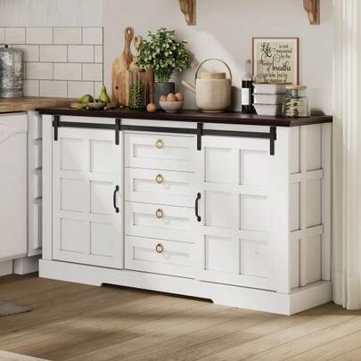 This 150 X 40 X 85 Cm Dining Room Cabinet Offers Ample Storage, Sliding Doors, And Four Drawers. Its Rustic Design With A Retro Look And Adjustable Laminate Finish Makes It Ideal For The Kitchen, Dining Room, And Living Room.