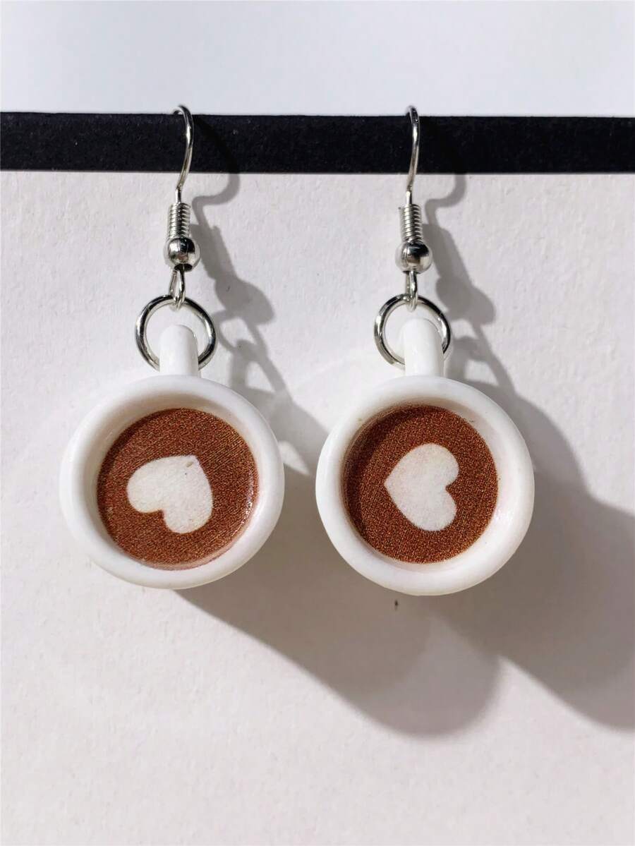 1 Pair Heart-Shaped Coffee Cup Earrings, Interesting Jewelry Accessory Suitable For Daily Wear, Parties And Other Occasions. Unisex Design, Also Makes A Great Gift. - White - View 1
