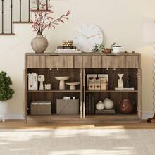 ONBRILL 61" Sideboard Buffet Cabinet With Storage, Curved Design Farmhouse Coffee Bar Cabinet With Doors And Drawers, Sideboard Cabinet, Credenza Console Cabinet Buffet Table For Living Room, Kitchen, Hallway, Entryway - Gỗ sồi BSB-224 - Xem 2