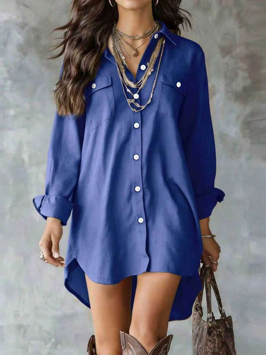 Camisa azul de mujer de manga larga de poliéster con botones, con cuello, diseño corto en la parte delantera y largo en la parte trasera con bolsillos, para primavera - Azul - Ver 1