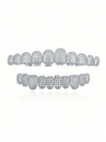 1/2 Pcs 18K Gold Plated Cubic Zirconia, 10 Teeth Punk Bracelet Jewelry Teenagers, Halloween Cosplay Rapper Luxury Fully Iced Out Gold Teeth, Hop-Border Fashion, Shiny Gold Teeth, European And American Best Seller - 多色的 - 查看 8