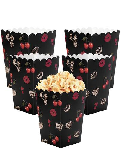 6/12/24 pièces Boîtes à pop-corn avec imprimé de lèvres de cerise, contenants à collation en papier jetables avec design de cœur léopard, seaux à pop-corn noirs pour anniversaire, enterrement de vie de jeune fille, décorations et fournitures pour la fête de mariage
