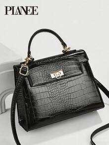 Crocodile Embossed Tote Shoulder Bag, Versatile Handbag For Women - Black - View 9