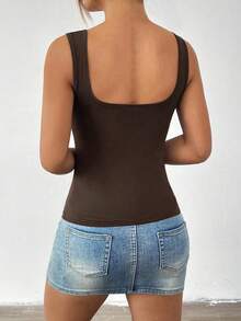 Vaiaye 女士纯色方领修身休闲吊带背心，简约复古纯色背心，夏季时尚露背针织吊带背心，休闲百搭，适合工作通勤 - 棕色 - 查看 2