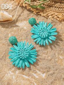 OOQ 1 Pair Handmade Raffia Straw Sunflower Pendant Earrings, Fashionable & Sweet Elegant Beach Holiday Versatile Earrings, Suitable As Gift For Any Occasion (Handcrafted Raffia Weaving, Shape And Direction Random) - Blue - View 3