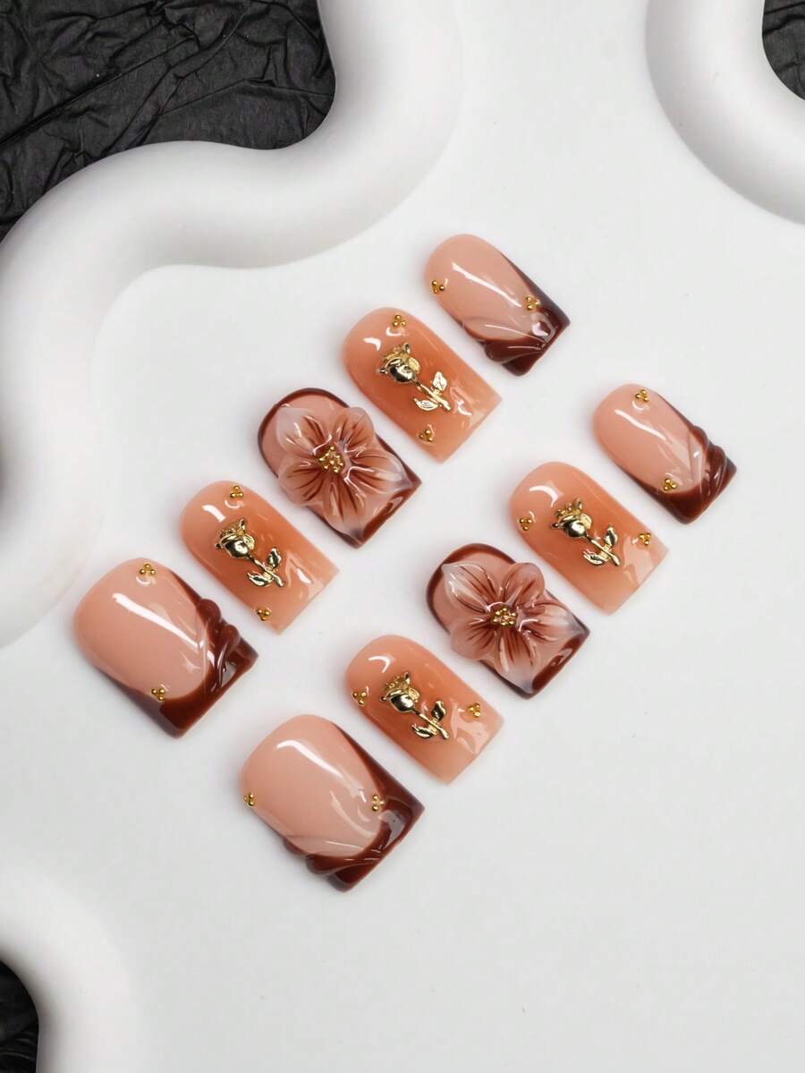 10 pezzi di punte per unghie quadrate fatte a mano, stile Y2K Baddie, colore nude e marrone con punte francesi, disegni floreali e a rose, unghie lucide, adatte per feste, matrimoni e uso quotidiano, include accessori per unghie, ottimo regalo per donne e ragazze - Multicolore - Visualizzare 1