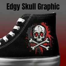 朋克骷髅印花高帮帆布鞋，男女通用系带街头风运动鞋，哥特涂鸦艺术休闲步行鞋 - 白色 - 查看 3