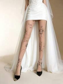 1 đôi tất mỏng màu nude in họa tiết hoa sen, tất ôm sát gợi cảm, chống trơn trượt, phù hợp cho mùa Y2K và mùa cưới. - Nhiều màu - Xem 5