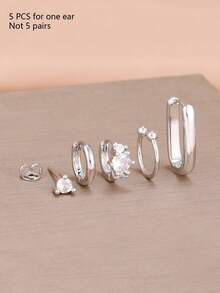 5PCS Geometry Crystal Zirconia Hoop Earrings For Set Women Simple Circle Punk Earrings Piercing Jewelry - 1-silver-5PCS - View 4