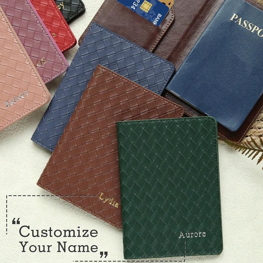 1pc Customized Name Rhombus Pattern Straw Woven Leather Passport Holder Travel Passport Cover Wallet Travel Document Organizer Protective Case Travel Gift For Women And Men Premium Passport Wallet - Multicolor - View 1