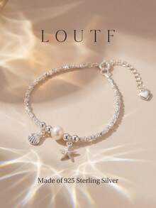 1 chiếc vòng tay bạc 925 đính ngọc trai và sao biển thanh lịch, món quà trang sức tinh tế dành cho phụ nữ, bé gái, thích hợp đeo hàng ngày, hẹn hò hoặc tình bạn. - Vòng tay vỏ sao biển - Xem 4