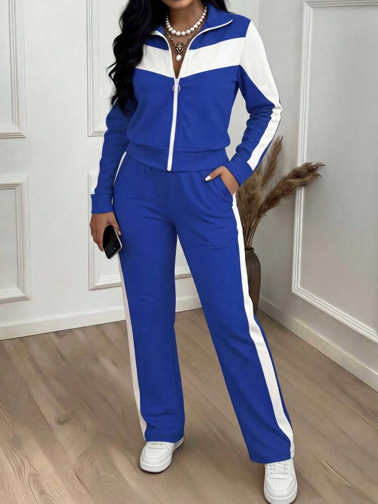 2pcs Women's Fashion Comfort Colorblock Zipper Jacket And Casual